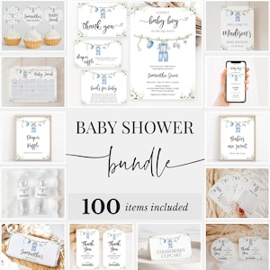 Editable It&#39;s a Boy Baby Clothes Baby Shower Bundle, Blue Laundry Baby Shower Invitation Pack, Clothes line Shower Game Package, BBS717
