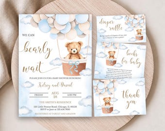 May include: A baby shower invitation set featuring a watercolour teddy bear in a hot air balloon with blue and beige balloons and clouds. Text includes We Can Bearly Wait, Diaper Raffle, Books for Baby, and Thank You, with event details.