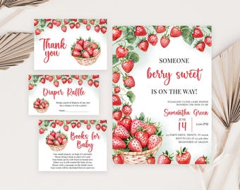 May include: A set of printable baby shower invitations with a watercolor strawberry theme. The invitations feature the text "Someone berry sweet is on the way!" and include details for the event, such as the date, time, and location. The invitations also include a thank you card, a diaper raffle card, and a books for baby card.