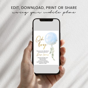 May include: A blue and gold baby shower invitation with a blue balloon and eucalyptus leaves. The text reads "Oh boy" and includes the name "Ruge Lovery".