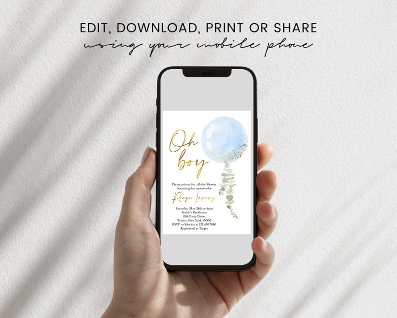 May include: A blue and gold baby shower invitation with a blue balloon and eucalyptus leaves. The text reads "Oh boy" and includes the name "Ruge Lovery".