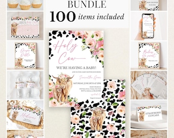 Editable Holy Cow Baby Shower Bundle, Girl Highland Cow Baby Shower Invitation Pack, Pink Floral Highland Cow Shower Game Package, BBS733