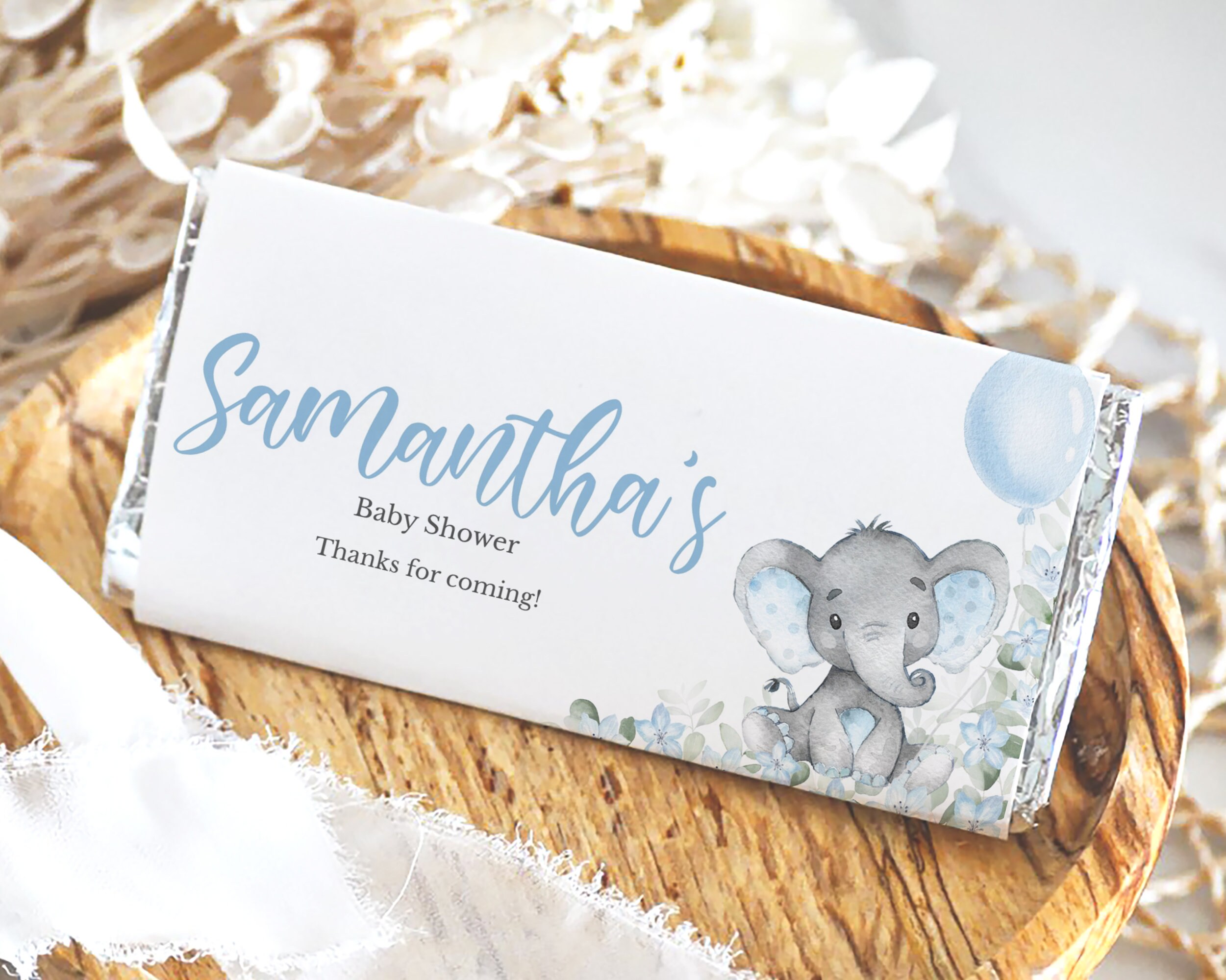 Editable Blue Elephant Baby Shower Chocolate Wrapper, Boy Elephant Shower Candy Wrapper, Floral Elephant Candy Label, Little Peanut, BBS714