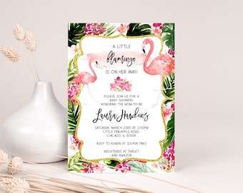 Editable Floral Flamingo Baby Shower Invitation, Tropical Flamingo Baby Shower Invite, Little Flamingo Baby Shower Invitation, BBS197