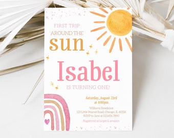 Editable Pink First Trip Around the Sun Birthday Invitation, Rainbow Boho Sunshine 1st Birthday Invite, Girl Sun Birthday Invite, BRT097