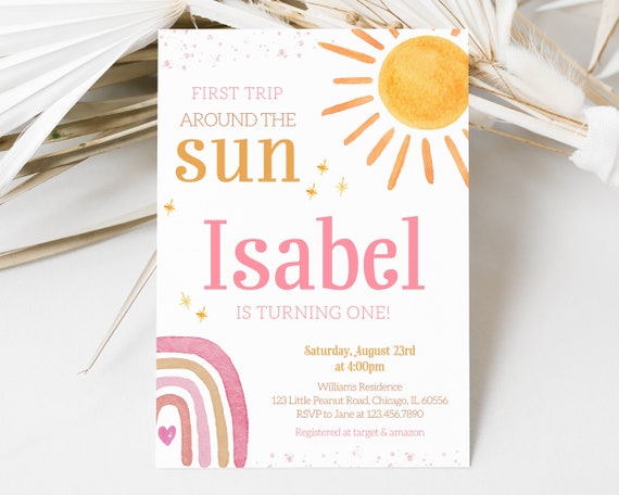 Editable Pink First Trip Around the Sun Birthday Invitation, Rainbow Boho Sunshine 1st Birthday Invite, Girl Sun Birthday Invite, BRT097