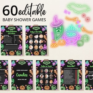 Editable Neon Halloween Baby Shower Game Bundle, Glow in the Dark Baby Shower Game Pack, Gender Neutral Halloween Shower Games, BBS495