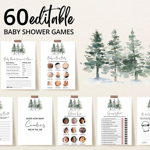 Editable Adventure Awaits Baby Shower Game Bundle, Pine Tree Baby Shower Game Pack, Minimalist Pine Trees Winter Baby Shower Games, BBS337
