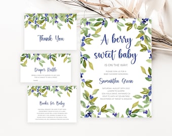 Editable Blueberry Baby Shower Invitation Bundle, Greenery Blueberry Baby Shower Invite, Berry Sweet Baby Shower Invitation Template, BBS381