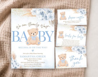 May include: A baby shower invitation set featuring a light brown teddy bear with a blue bow, blue floral accents, and gold glitter details. The text includes We can Bearly Wait, BABY, MELISSA IS ON THE WAY, diaper raffle, books for baby, and thank you.