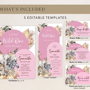 Op de afbeelding: Een set van vijf printbare babyshower-sjablonen met een roze en bruin jungledieren thema. De sjablonen bevatten een uitnodiging, een luierspel-kaart, een boeken voor baby-kaart en een bedankkaart. De tekst op de uitnodiging luidt "Een klein wild beestje is onderweg!" en bevat de namen Samantha en Baby Isabel. De luierspel-kaart zegt "Luierspel" en de boeken voor baby-kaart zegt "Boeken voor baby". De bedankkaart zegt "Bedankt We zijn wild van opwinding!"