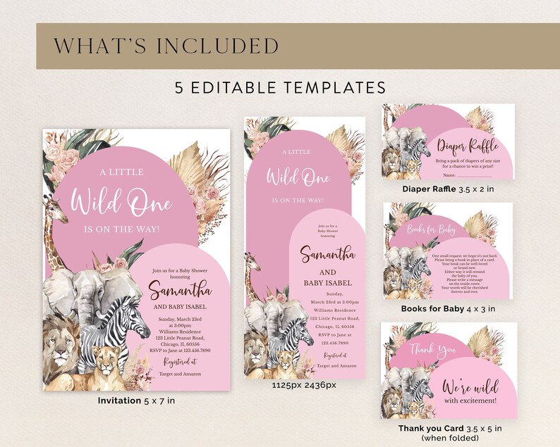 Op de afbeelding: Een set van vijf printbare babyshower-sjablonen met een roze en bruin jungledieren thema. De sjablonen bevatten een uitnodiging, een luierspel-kaart, een boeken voor baby-kaart en een bedankkaart. De tekst op de uitnodiging luidt "Een klein wild beestje is onderweg!" en bevat de namen Samantha en Baby Isabel. De luierspel-kaart zegt "Luierspel" en de boeken voor baby-kaart zegt "Boeken voor baby". De bedankkaart zegt "Bedankt We zijn wild van opwinding!"