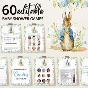 Pacchetto di giochi per baby shower di Peter Rabbit modificabile, pacchetto di giochi per baby shower di Peter Rabbit blu, giochi per baby shower di Peter Rabbit per bambini, Peter Rabbit BBS298