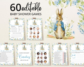 Paquete de juegos editables para baby shower de Peter Rabbit, paquete de juegos para baby shower de Peter Rabbit azul, juegos para baby shower de Peter Rabbit para niño, Peter Rabbit BBS298