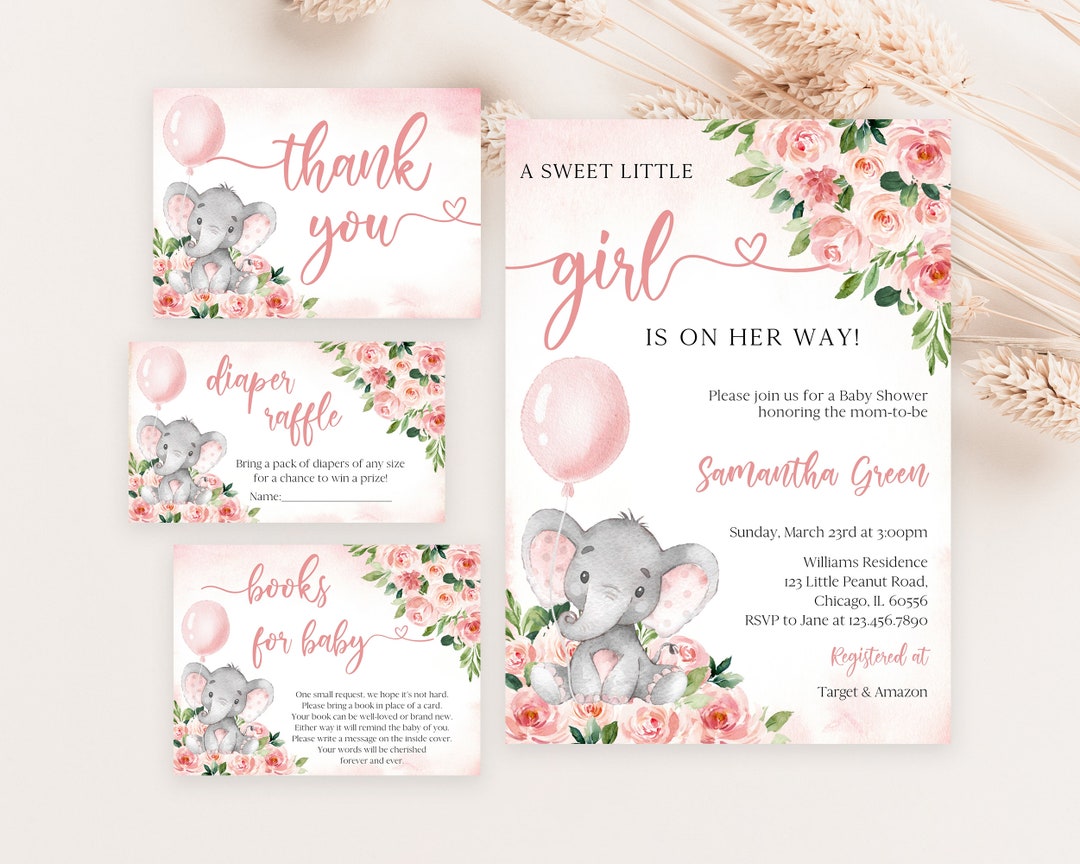 Editable Pink Girl Elephant Baby Shower Invitation Bundle, Pink Floral ...