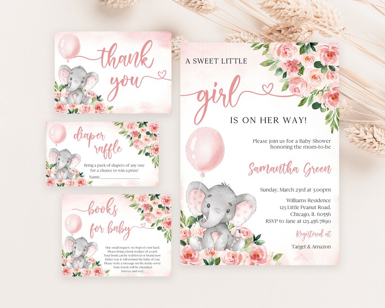 Editable Pink Girl Elephant Baby Shower Invitation Bundle, Pink Floral ...