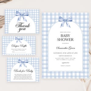 Editable Blue Baby Shower Invitation Bundle, Blue Bow Boy Baby Shower Invite, Blue Boy Plaids Ribbon Minimalist Baby Shower Invite, BBS906