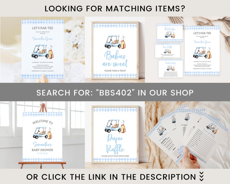 May include: A set of printable baby shower decorations featuring a golf cart theme. The decorations include a welcome sign, a diaper raffle sign, a thank you card, and a game card. The decorations are in blue and white with a gingham pattern.