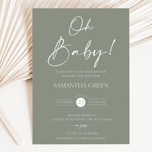 Editable Sage Green Minimalist Oh Baby Baby Shower Invitation, Simple Oh Baby Baby Shower Invite, Gender Neutral Baby Shower Invite, BBS615