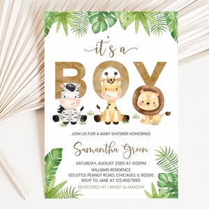Editable It's a Boy Safari Jungle Baby Shower Invitation, Safari Jungle Baby Shower Invite, Greenery Safari Animals Baby Shower, BBS729