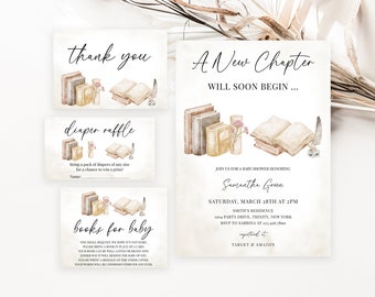 May include: A set of four printable cards for a baby shower with a book theme. The cards are decorated with watercolor illustrations of books, flowers, and a quill pen. The text on the cards reads "Thank You", "Diaper Raffle", "Books for Baby", and "A New Chapter Will Soon Begin..." The cards also include details about the baby shower, such as the date, time, location, and RSVP information.