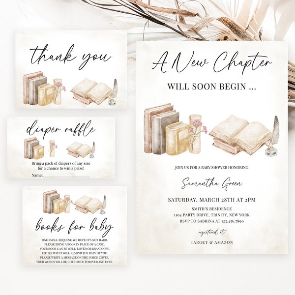 Editable New Chapter Will Soon Begin Baby Shower Invitation Bundle, Book Themed Baby Shower Invite, Gender Neutral Books Baby Shower, BBS700