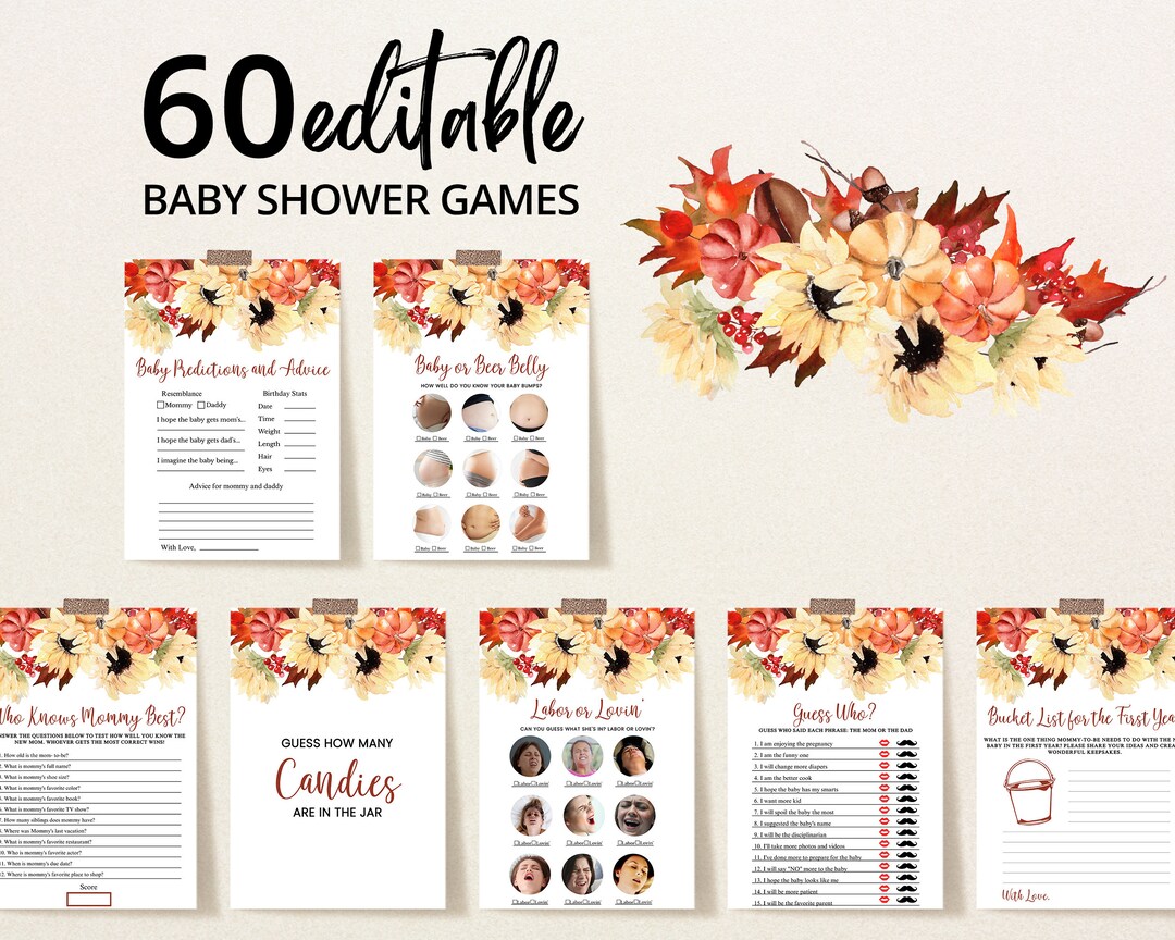 Editable Fall Sunflower Baby Shower Game Bundle, Fall Pumpkin Sunflower