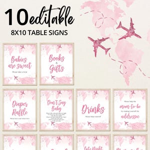 Bearbeitbares Abenteuer erwartet Mädchen-Babyparty-Tischschild, rosa Reise-Weltkarte Babys sind süße Gefälligkeiten, rosa Reise-Windel-Verlosung, BBS830