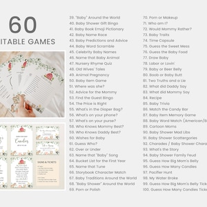 Puede incluir: Un conjunto de 60 juegos de baby shower imprimibles y editables. Los juegos est&aacute;n organizados en dos columnas con un fondo a rayas rojo y blanco. Los juegos est&aacute;n tematizados en torno a una fiesta de bienvenida al beb&eacute; con lindas ilustraciones de un cochecito, un biber&oacute;n y un pie de beb&eacute;.