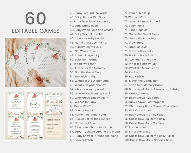 Puede incluir: Un conjunto de 60 juegos de baby shower imprimibles y editables. Los juegos est&aacute;n organizados en dos columnas con un fondo a rayas rojo y blanco. Los juegos est&aacute;n tematizados en torno a una fiesta de bienvenida al beb&eacute; con lindas ilustraciones de un cochecito, un biber&oacute;n y un pie de beb&eacute;.