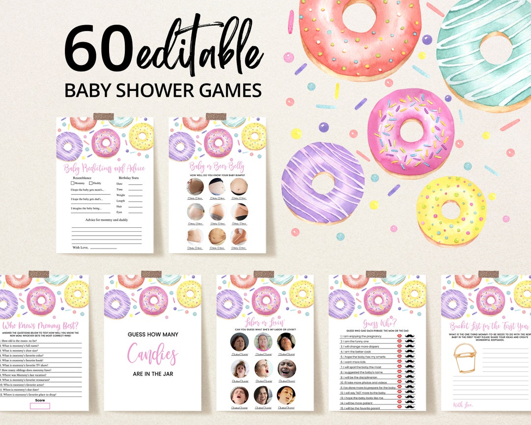 Editable Donuts and Diapers Baby Shower Game Bundle, Girl Donuts Baby ...