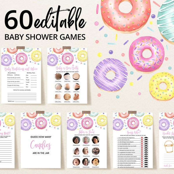 Editable Donuts and Diapers Baby Shower Game Bundle, Girl Donuts Baby Shower, Sweets Sprinkle Baby Shower Games, Donuts Baby Shower, BBS160