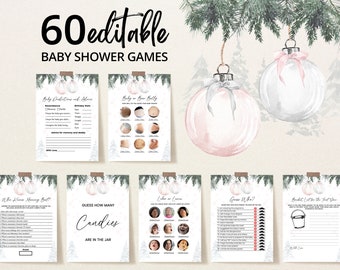 Bewerkbare roze Merry Little baby shower spelbundel, meisje kerst baby shower game pack, roze winter baby shower games, BBS549