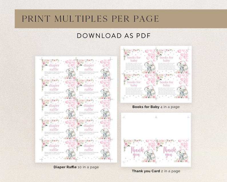 Editable Pink Girl Elephant Baby Shower Invitation Bundle, Pink Floral ...