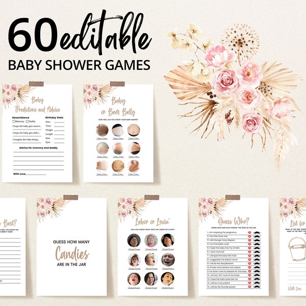 Paquete de juegos editables Pink Pampas Grass Boho Baby Shower, paquete de juegos de baby shower minimalista Girl Boho, juegos de baby shower Pink Boho, BBS263