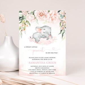 Editable Blush Girl Elephant Baby Shower Invitation, Pink Floral Elephant Baby Shower Invitation, Sleeping Elephant, Little Peanut, BBS333