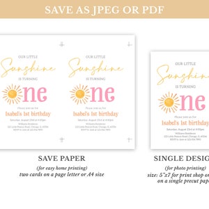 May include: Printable invitation for a first birthday party. The invitation features a yellow sun with a pink one and the text "Our Little Sunshine is Turning One". The invitation also includes the text "Please join us for Isabel's 1st birthday" and the date, time, and location of the party.