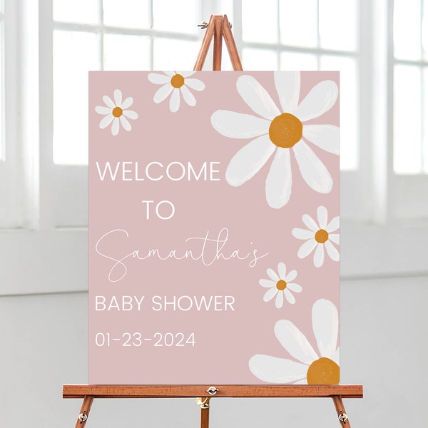 Panneau de bienvenue modifiable pour baby shower marguerite, affiche de shower de bébé marguerite en fleurs, décoration de shower de bébé marguerite Boho, BBS620