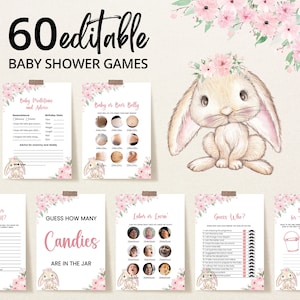 Editable A Little Bunny is on the way Baby Shower Game Bundle, Floral Rabbit Baby Shower Game Pack, Girl Bunny Shower Games, BBS658