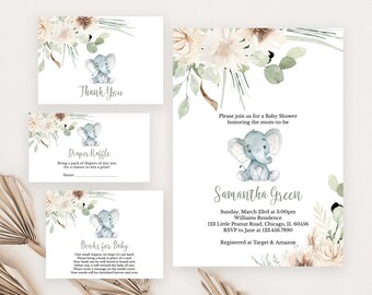 May include: A baby shower invitation set featuring a watercolor blue elephant and beige floral accents. The cards include text for a thank you note, diaper raffle, books for baby, and a main invitation for Samantha Green on March 23rd at 3:00pm.