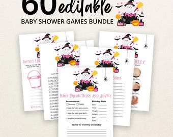 May include: A bundle of 60 editable baby shower game cards featuring a ghost in a cauldron graphic with pink, black, and orange accents. The cards include titles like Baby Predictions and Advice, Bucket List, and Guess Who, with lines for writing.