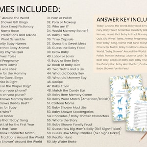 May include: A list of baby shower games with a blue and white color scheme. The list includes games like "Baby" Around the World, Baby Shower Gift Bingo, Baby Book Emoji Pictionary, and more. The list also includes an answer key for each game.