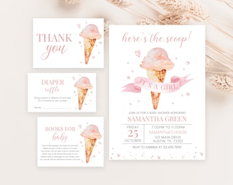 Editable Here's the Scoop It's a Girl Baby Shower Invitation Bundle, Pink Ice Cream Baby Shower Invite, Girl Summer Baby Shower, BBS683