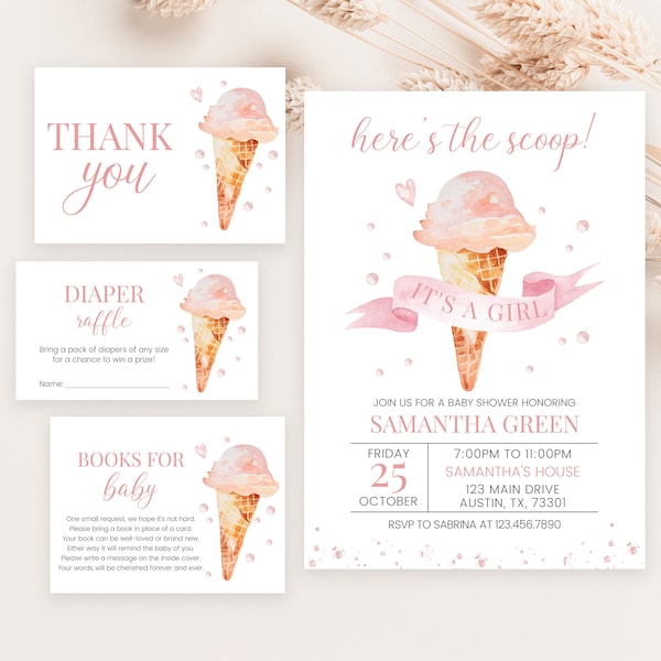 Editable Here's the Scoop It's a Girl Baby Shower Invitation Bundle, Pink Ice Cream Baby Shower Invite, Girl Summer Baby Shower, BBS683