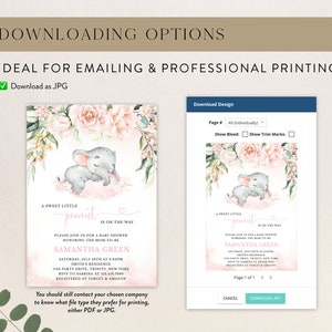Editable Blush Girl Elephant Baby Shower Invitation, Pink Floral ...