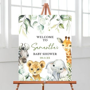 Editable A Little Wild One Baby Shower Welcome Sign, Safari Jungle Baby Shower Poster, Greenery Safari Animals Baby Shower Decoration,BBS340