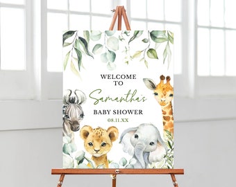 Panneau de bienvenue modifiable pour baby shower A Little Wild One, affiche de baby shower Safari Jungle, verdure décoration de baby shower animaux de safari, BBS340