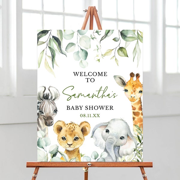 Cartello di benvenuto per baby shower modificabile A Little Wild One, poster per baby shower con tema safari nella giungla, decorazione per baby shower con animali del safari nel verde, BBS340