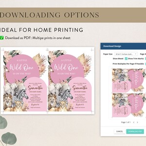 Op de afbeelding: Downloadbare PDF om te printen voor een babyshower-uitnodiging. De uitnodiging heeft een roze en wit ontwerp met een cirkel waarop staat "A Little Wild One is on the way!" met een jungledieren-thema. De uitnodiging is voor Samantha en Baby Isabel.