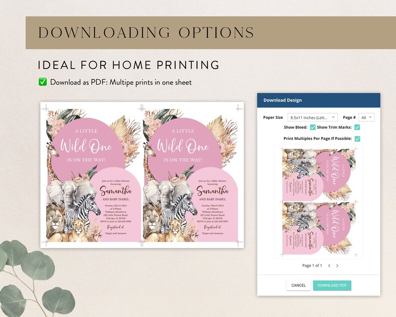 Op de afbeelding: Downloadbare PDF om te printen voor een babyshower-uitnodiging. De uitnodiging heeft een roze en wit ontwerp met een cirkel waarop staat "A Little Wild One is on the way!" met een jungledieren-thema. De uitnodiging is voor Samantha en Baby Isabel.